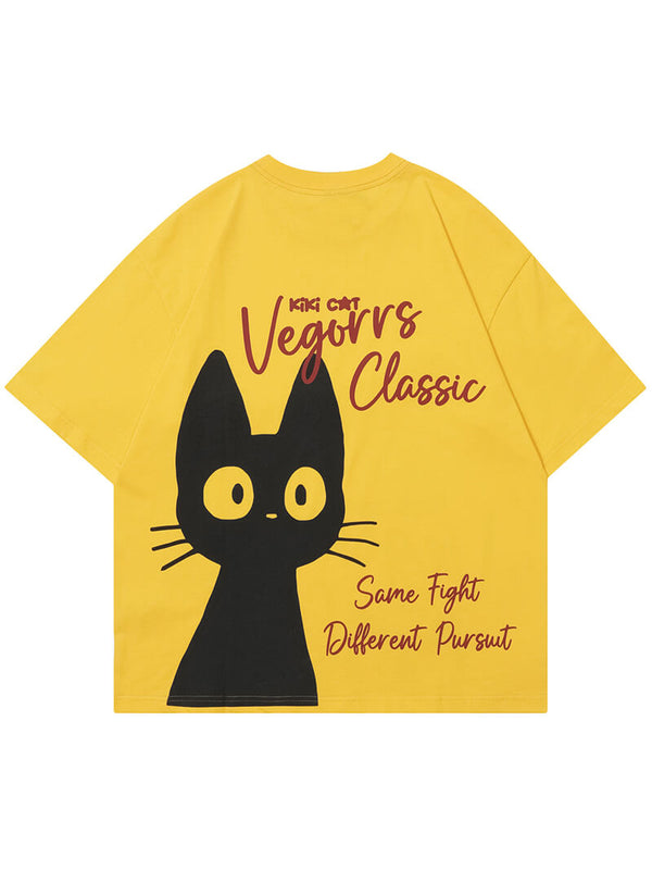 Cartoon Cat Letter Printed Oversized Streetwear Tshirts