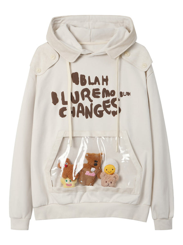 Letter Foaming Print Cute Plush Toy Pocket Pullover Hoodies