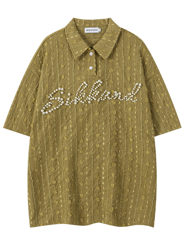 Streetwear Pearl Letter Striped Casual Short Sleeve Polo Shirts