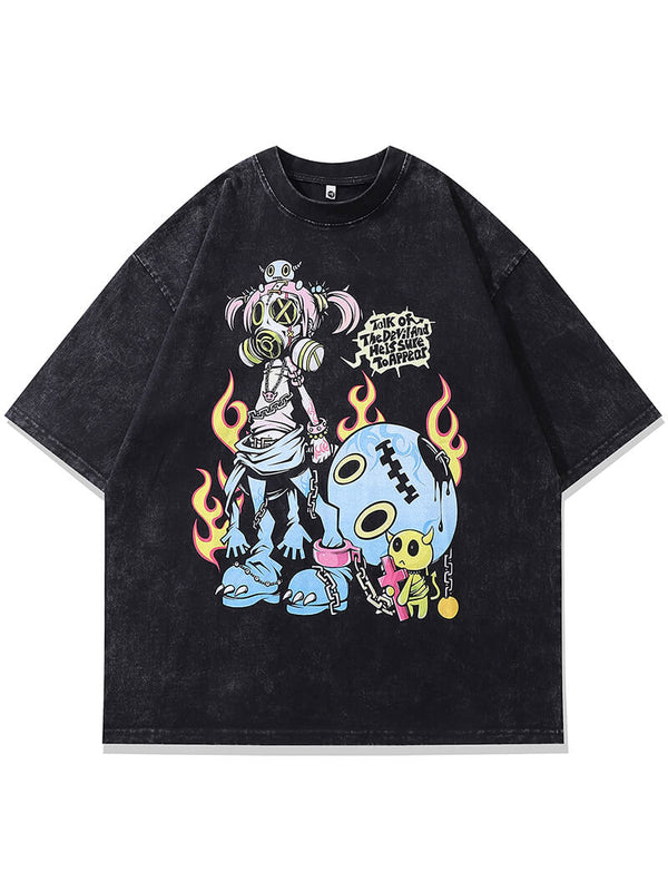 Japanese Style Anime Cartoon Graphic Print Washed Tshirts