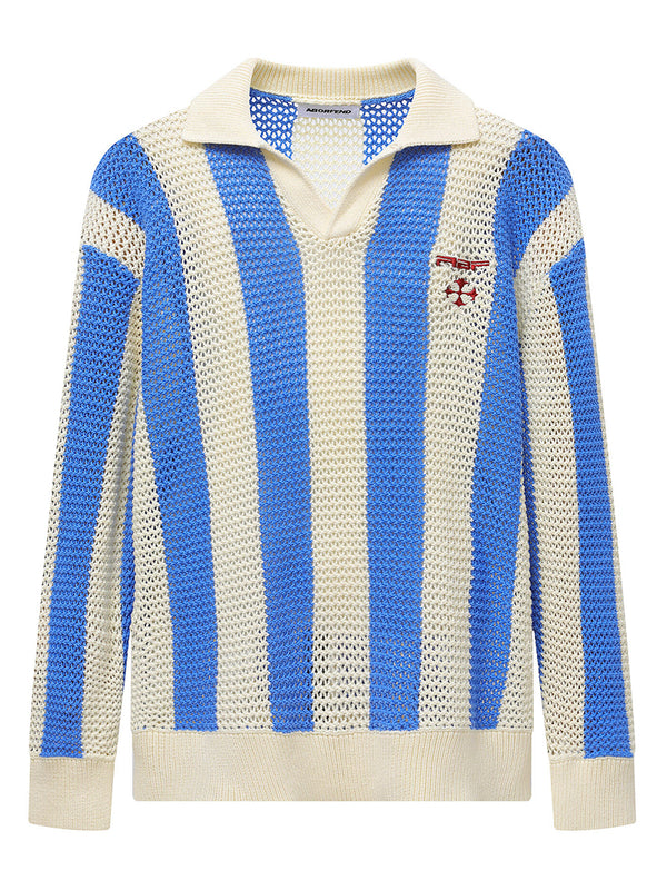 Hollow Out Striped Knit Polo Sweater – Breathable Cotton Blend Pullover Top