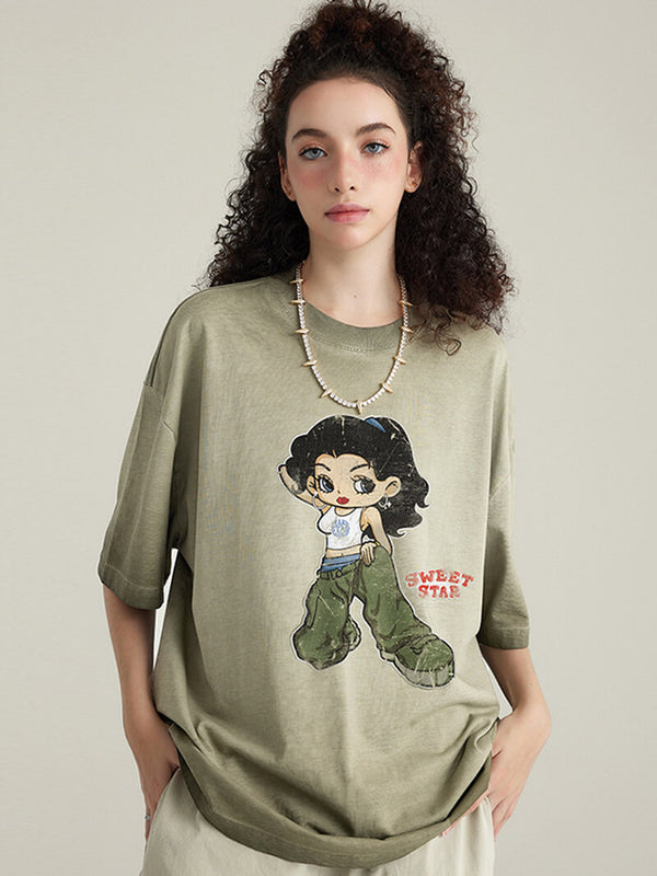 Cartoon Hip Hop Girl Graphic Printed Gradient Washed T-Shirts