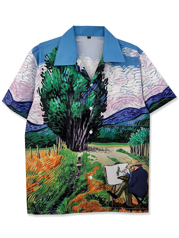 Cartoon Van Gogh Graphic Print Summer Hawaiian Beach Shirts