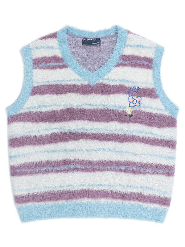 Fuzzy Striped Knitted Vest – Soft Faux Mink Sleeveless Sweater Tops
