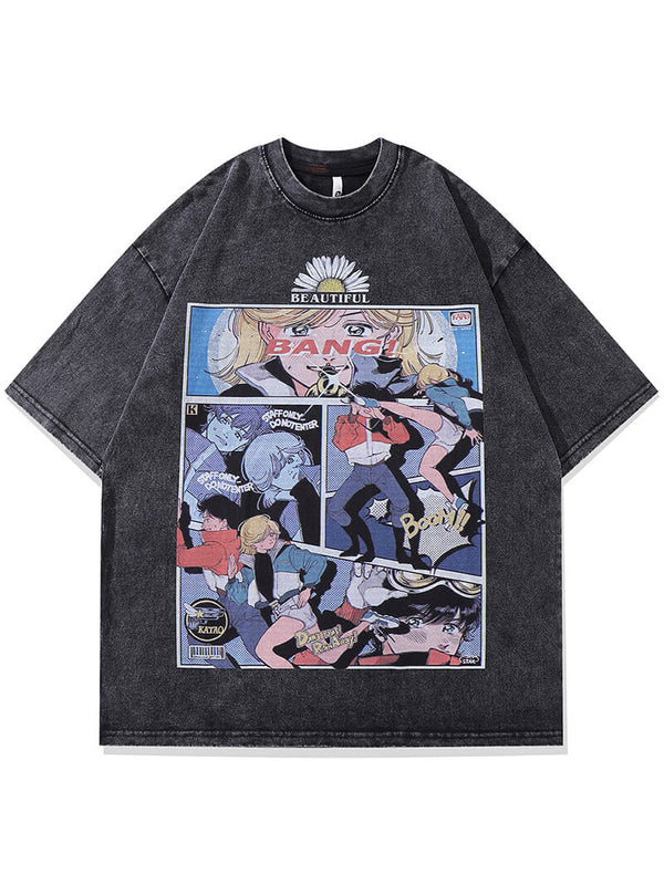 Japanese Style Comics Illustration Graphic Print Washed Tshirts