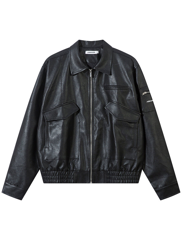 Streetwear Faux Leather Utility Bomber Jackets Outerwear