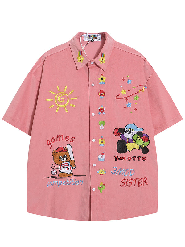 Cartoon Embroidered Streetwear Short Sleeve Button Up Shirts