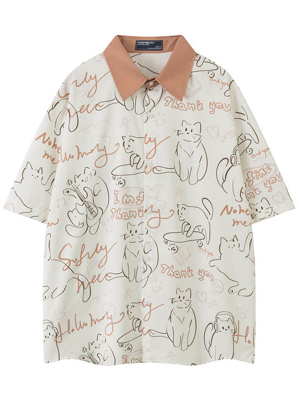 Vintage Cartoon Cat Full Printed Hawaiian Beach Shirts