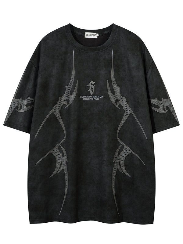 Tribal Graphic Printed Faux Suede Oversized Streetwear T-Shirts