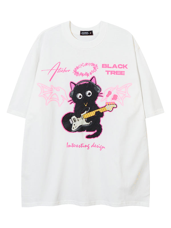 Cartoon Cat and Guitar | Streetwear Graphic Tee Unisex T-Shirt