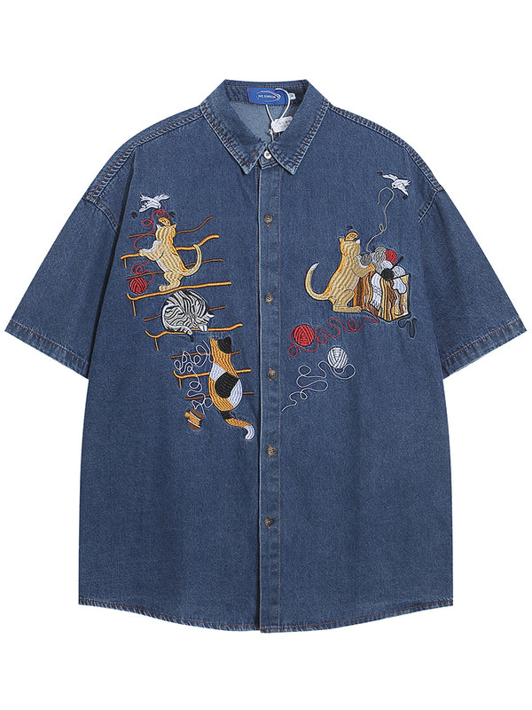 Stylish Cat Themed Embroidered Oversized Denim Shirts