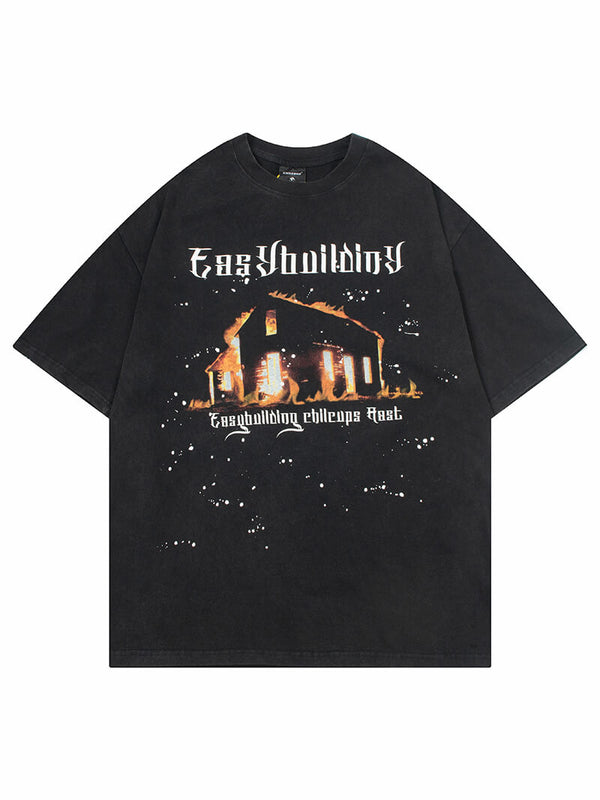 Burning House Printed Splash Ink Washed Dyeing T-Shirts