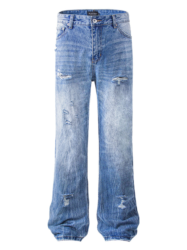 Distressed Straight Jeans Ripped Hole Washed Denim Pants