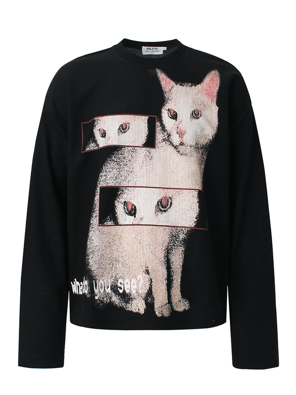 Streetwear Vintage Cat Graphic T-Shirts – Oversized Waffle Knit Tees