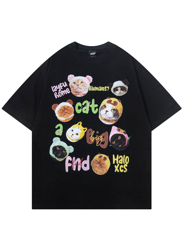Cute Cat Graphic Oversized T-Shirt – Unisex Casual Short Sleeve Tee