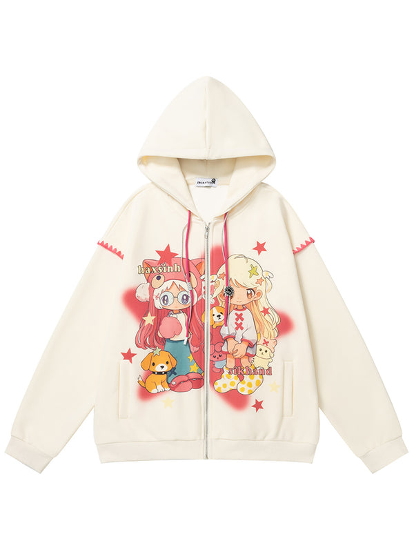 Kawaii Cartoon Graphic Zip-Up Hoodie – Oversized Fit, Cute Streetwear