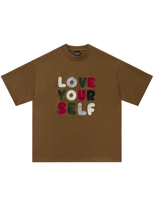 Streetwear Letter Embroidery Casual Cotton T-Shirts Brown & Khaki