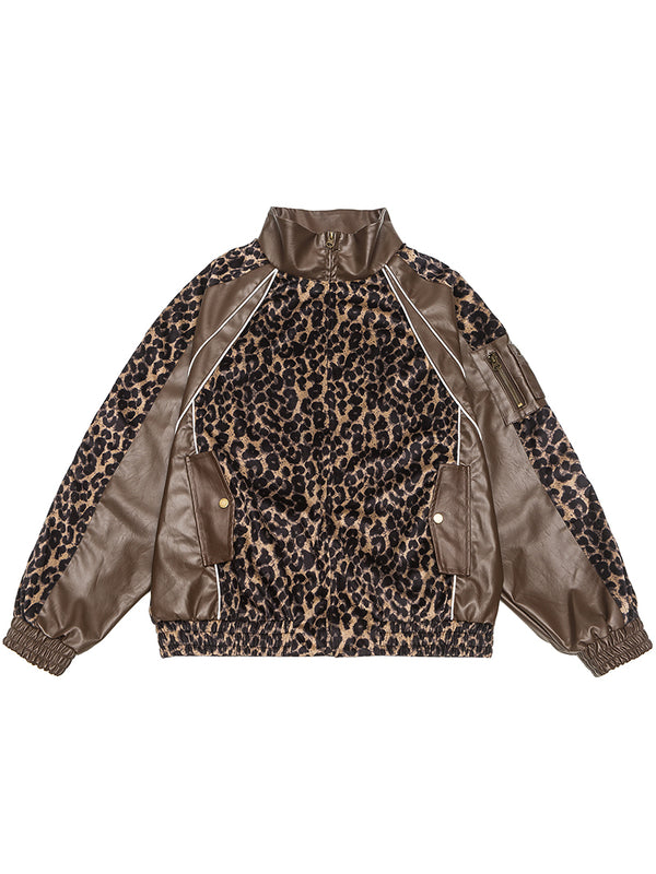 Leopard Print PU Leather Patchwork Fashion Bomber Jackets