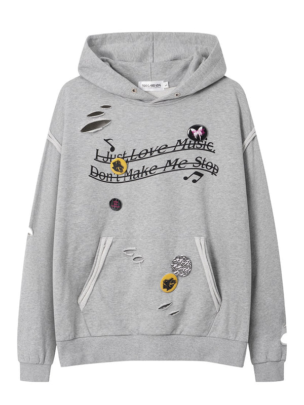 Streetwear Hole Badge Accents Music-Themed Oversized Hoodies