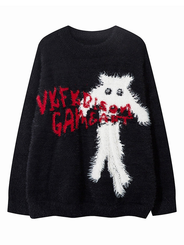 Faux Mink Fur Oversized Cat Sweater – Fluffy Feline Graphic Pullover