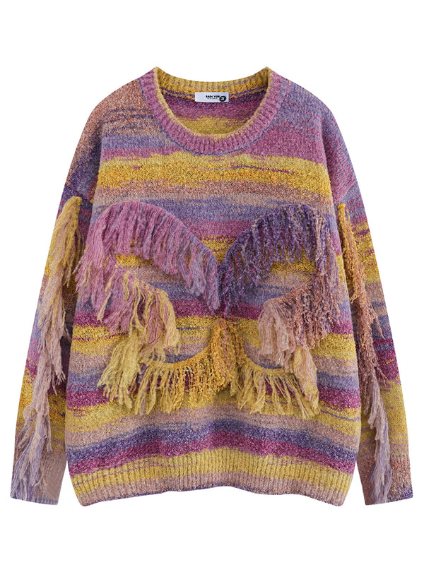 Colorful Fringe Knitted Sweater Boho Pullover with Textured Details