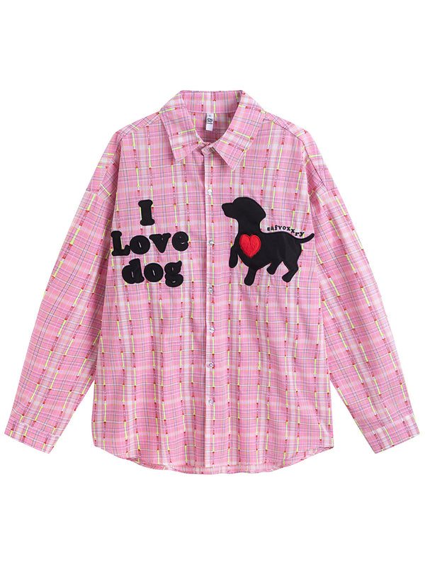 Streetwear Plaid Oversized Shirts with Applique Embroidery For Dog Lovers