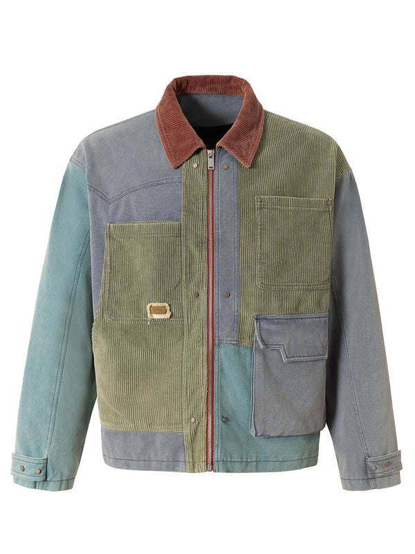 Multi-Pocket Patchwork Workwear Jacket – Color Block Design