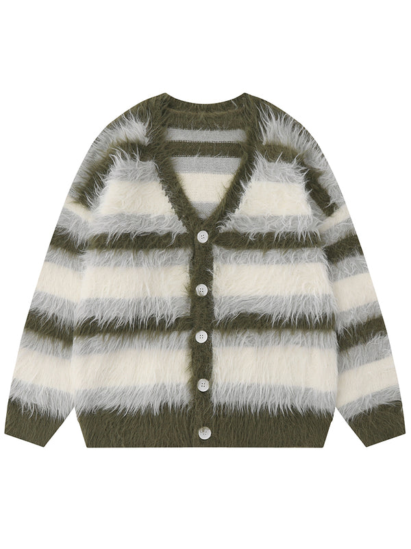 Autumn Unisex Fuzzy Striped Knitted Cardigan Streetwear Sweaters