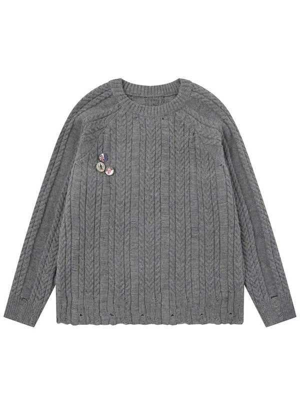 Streetwear Cable Knitted Sweaters Ripped Cozy Casual Pullovers