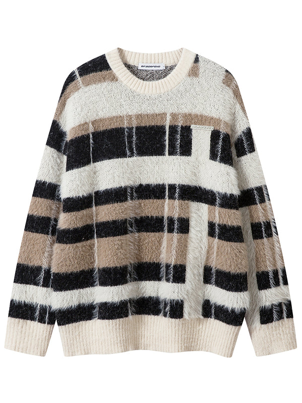 Streetwear Cozy Striped Fuzzy Warm Knitted Sweaters Pullover