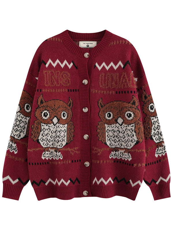 Streetwear Cozy Cute Owl Graphic Knitted Cardigan Jackets