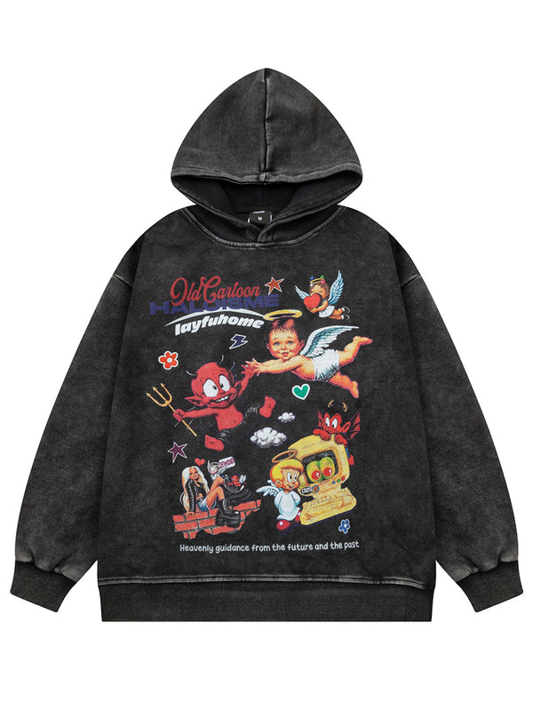 Streetwear Vintage Cartoon Graphic Print Washed Oversized Hoodies