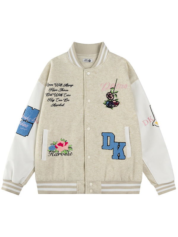 Embroidered Varsity Jacket with Floral & Patchwork Design