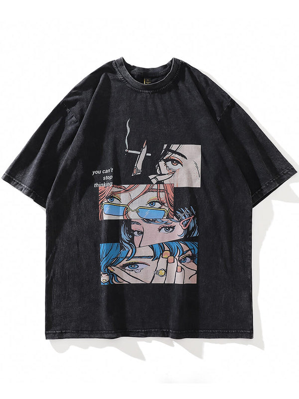 Japanese Anime Eyes Print Vintage Oversized Washed Tshirts