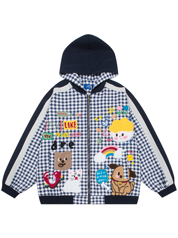 Cute Cartoon Graphic Checkered Embroidery Hoodies Zip-Up Jackets