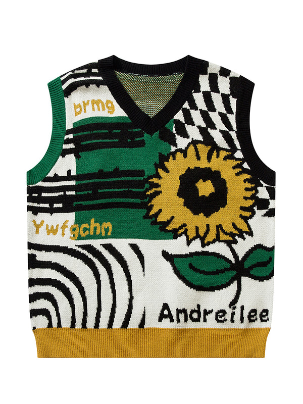 Stylish Sunflower Graphic Streetwear Knitted Vests Outerwear