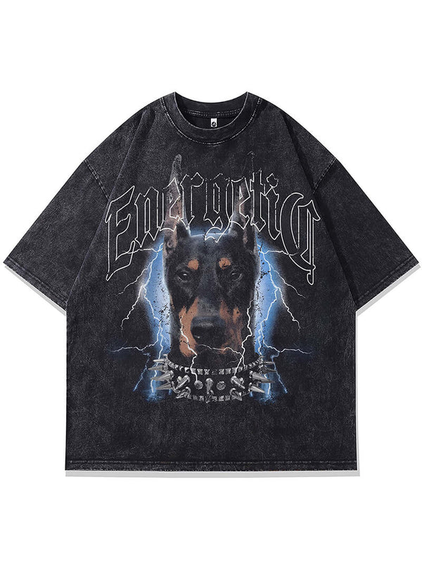 Lightning Doberman Dog Graphic Print Punk Gothic Washed Tshirts