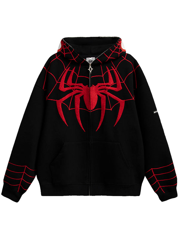 Bold Spider Web Design Full-Zip Oversized Pullover Hoodies