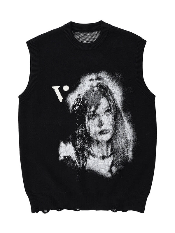 Portrait Figure Printed Punk Knitted Vests Sweater