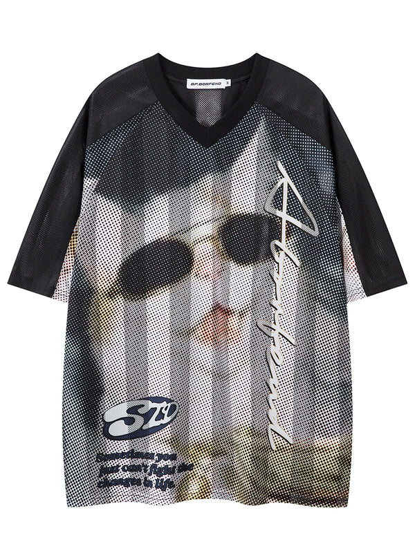 Black Mesh Jersey Graphic T-Shirt – Breathable Streetwear Tops Tees