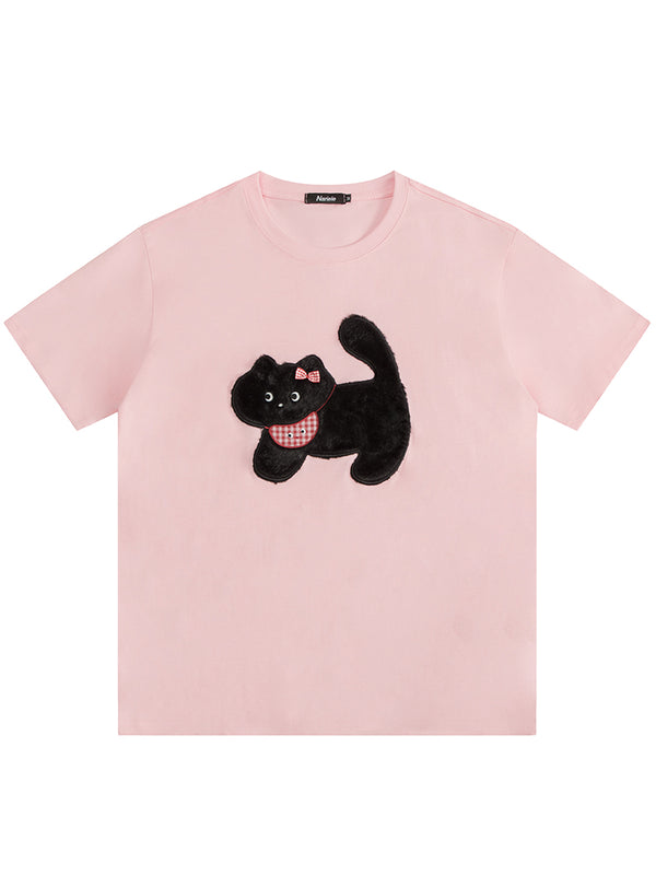 Cute Fuzzy Black Cat T-Shirt – Soft Cotton Tee with 3D Plush Patch