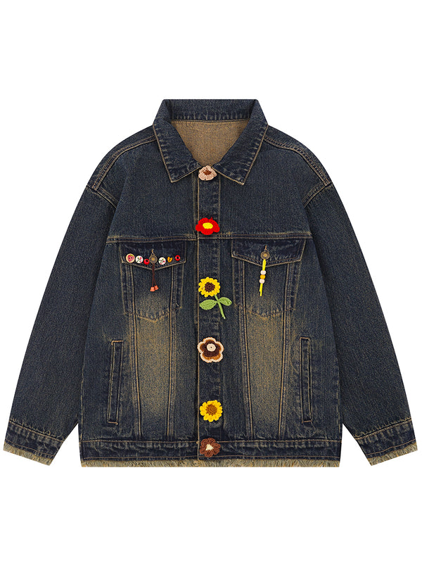 Streetwear Vintage Embroidery Denim Jacket with Floral Crochet Accents