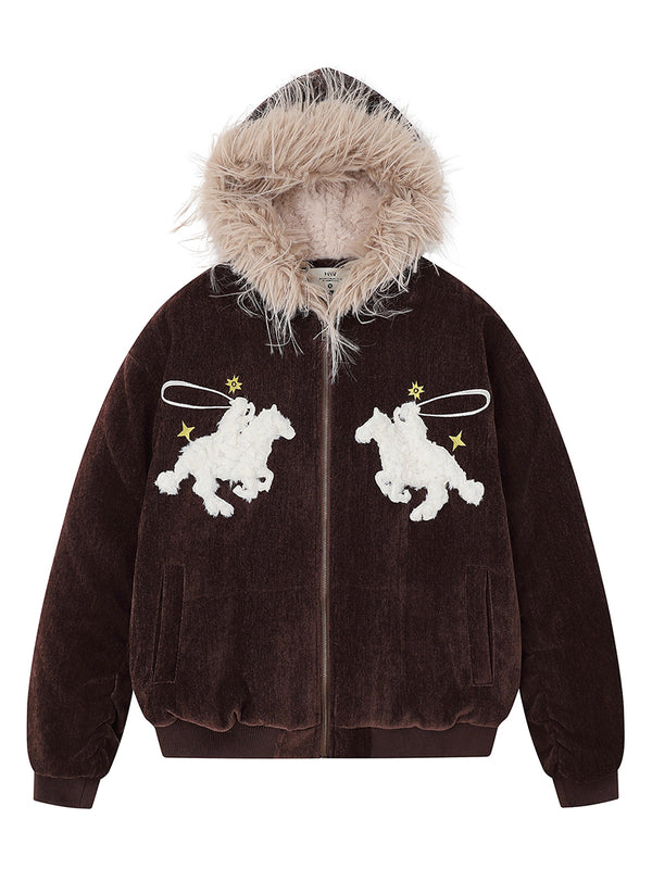 Faux Fur Hooded Velvet Jacket with Embroidered Horse Design