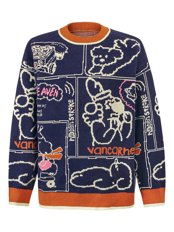 Playful Cartoon Graphic Oversized Knitted Pullover Sweaters