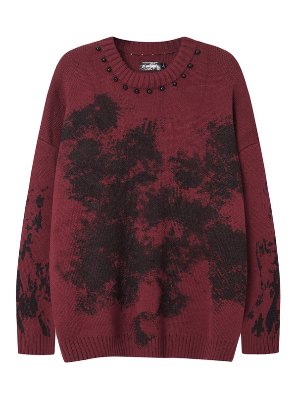 Oversized Pullover Sweaters Vintage Dirty Knitwear with Studded Collar