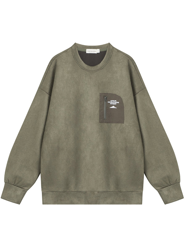 Vintage Pocket Patch Faux Suede Oversized Pullover Sweatshirts