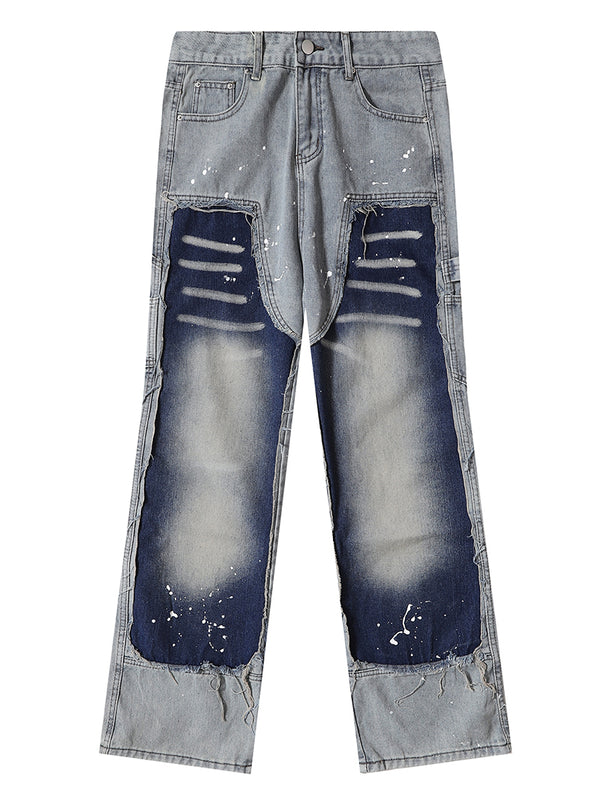 Men's Distressed Patchwork Cotton Washed Denim Jeans