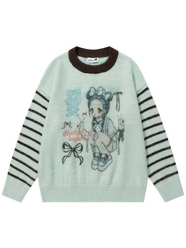 Kawaii Cartoon Girl Knitted Sweaters Streetwear Striped Sleeves Pullovers