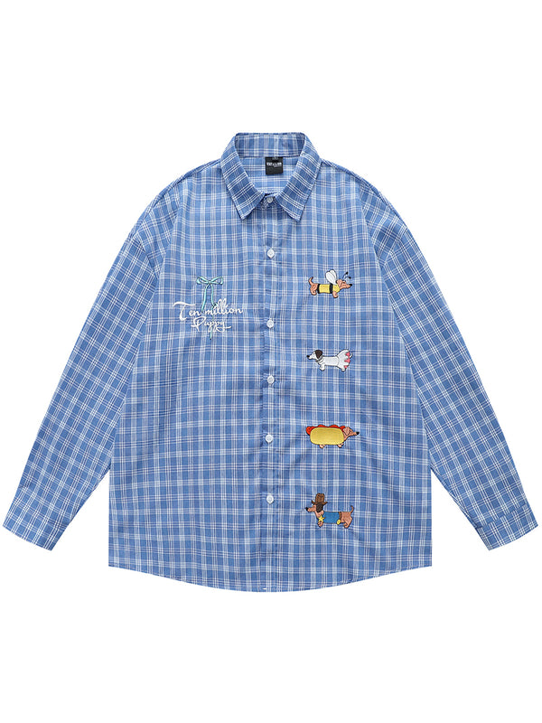 Dog Embroidery Plaid Button Up Casual Long Sleeve Shirts