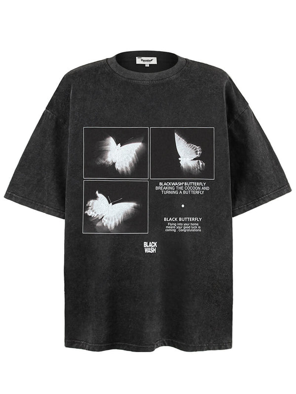 American Style Washed Distressed Butterfly Printed Graphic Tshirts